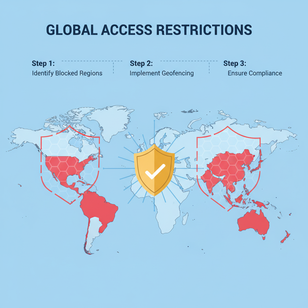 world map highlighting blocked regions EU US, geofence barriers, compliance shield