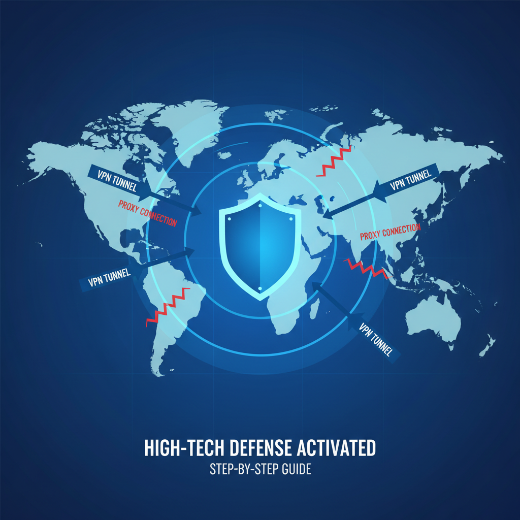 digital shield blocking VPN tunnels and proxy arrows on world map, high-tech defense visualization