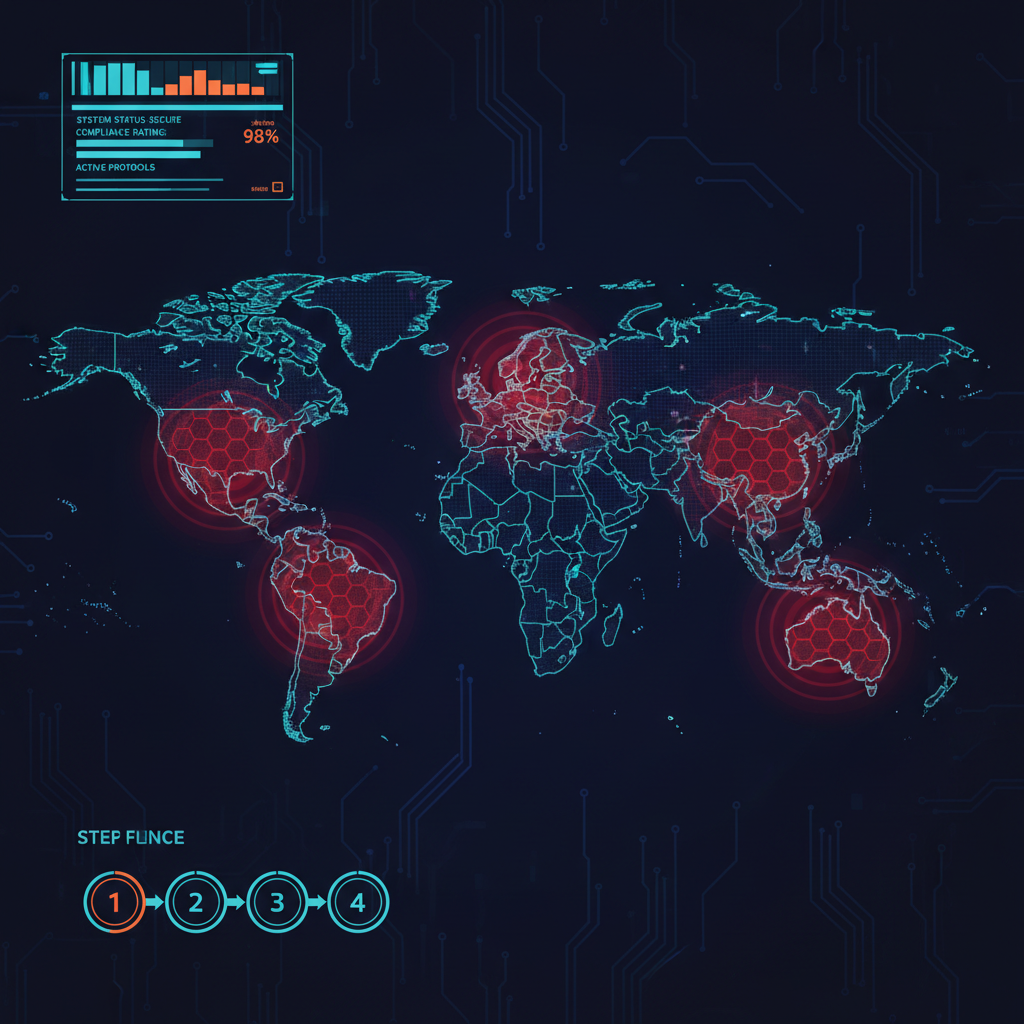 world map with glowing red geofence zones over countries, compliance dashboard overlay, cyberpunk style