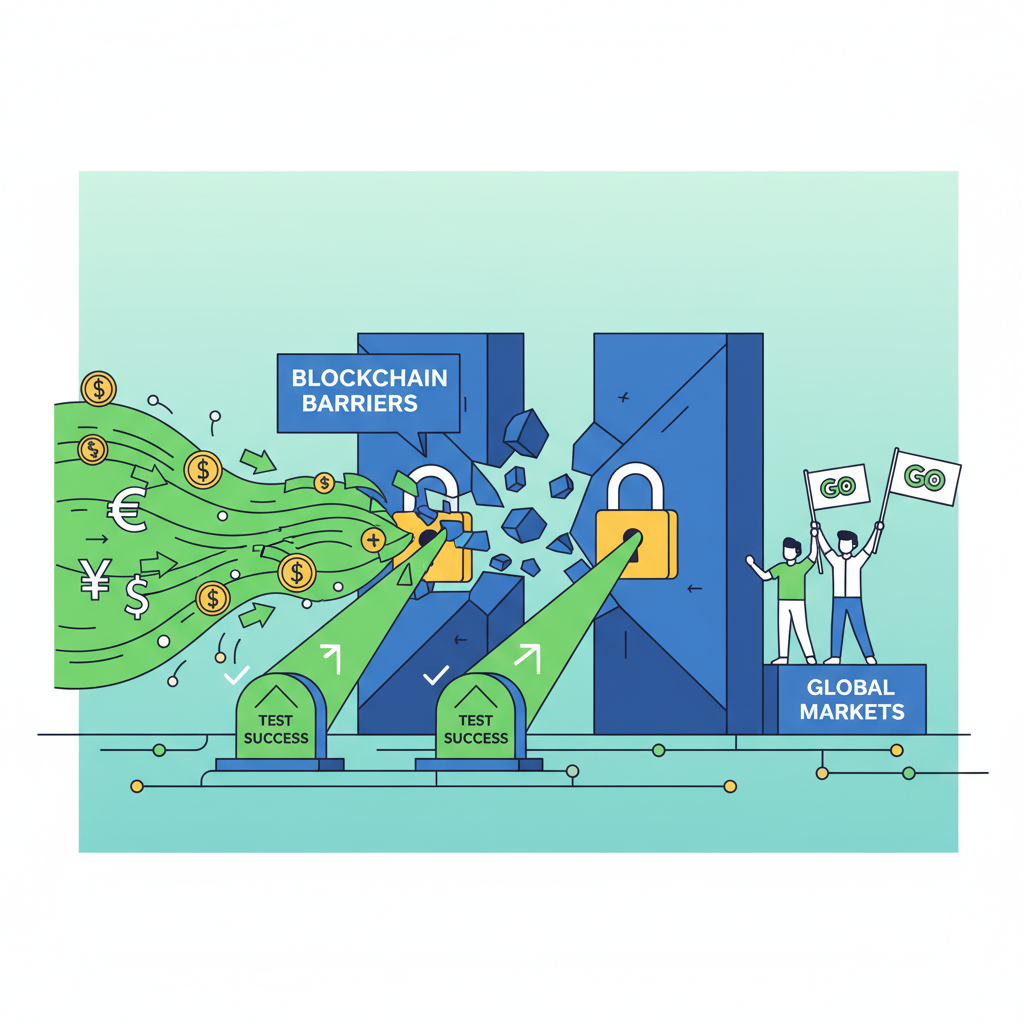 Cross-border money flows exploding through blockchain barriers, test success green lights, epic battle scene
