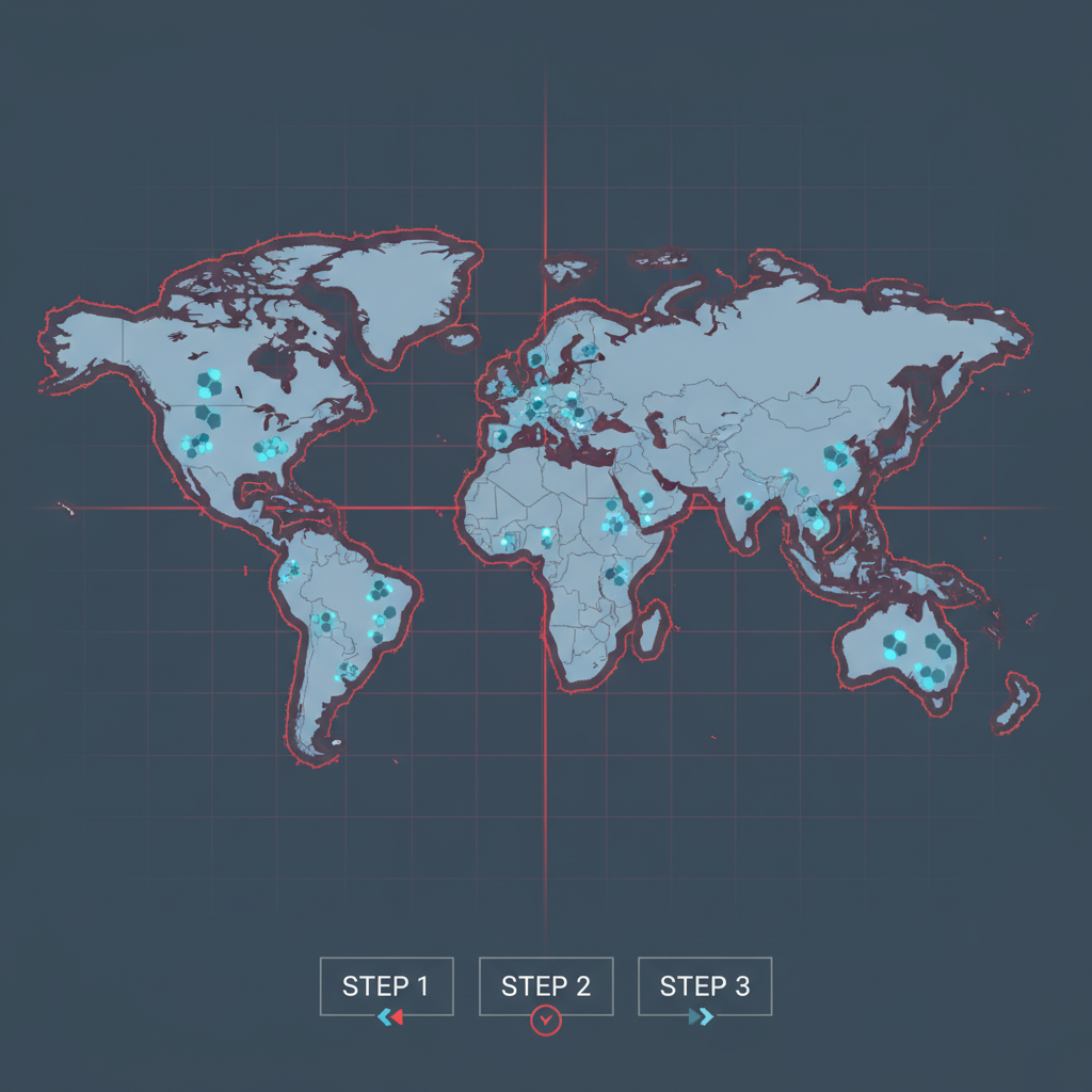 Global map with red geofence barriers around whitelisted countries, blockchain nodes glowing, aggressive red tones