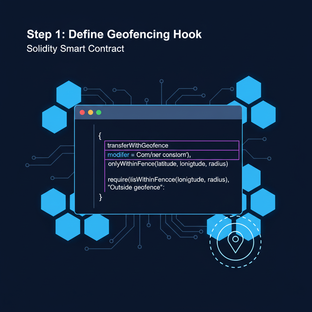 Solidity smart contract code with geofencing modifier hook, blockchain nodes connected, dark mode
