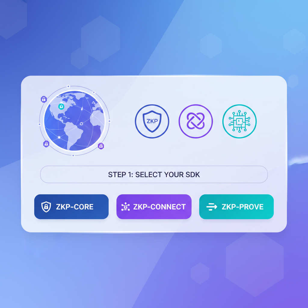 sleek SDK selection interface with ZKP icons and global map, futuristic UI