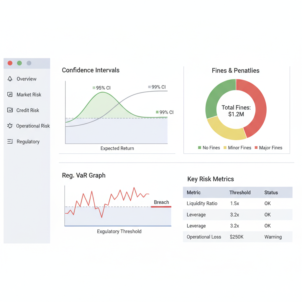 risk dashboard charts confidence intervals, reg VaR graphs fines metrics, professional UI