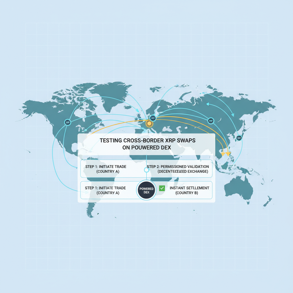testing cross-border XRP swaps on permissioned DEX, global map with successful trade paths glowing