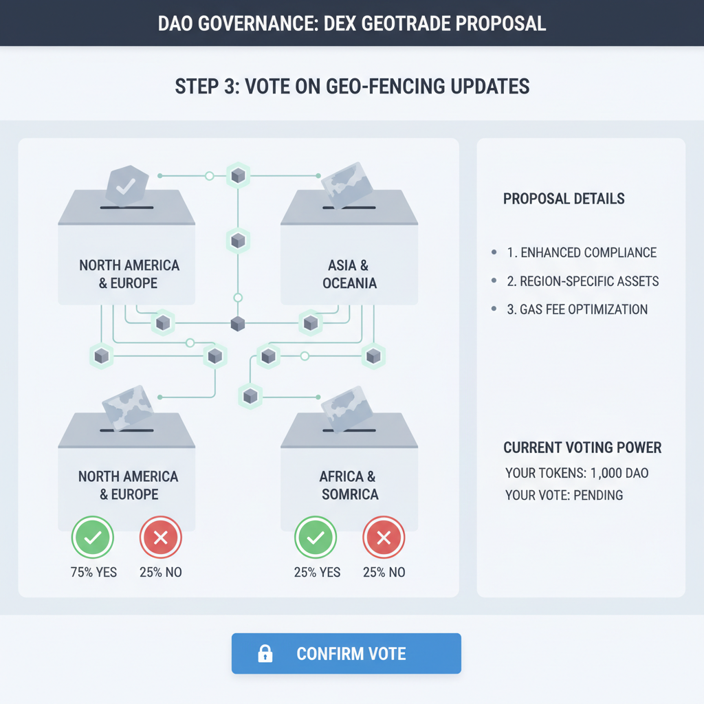 DAO governance voting interface for DEX geofencing updates, ballot boxes blockchain