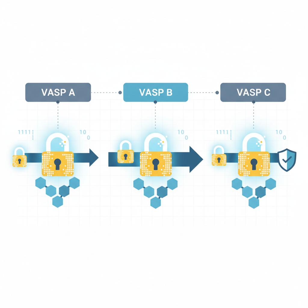 secure data transmission arrows between VASP nodes, encryption locks blockchain