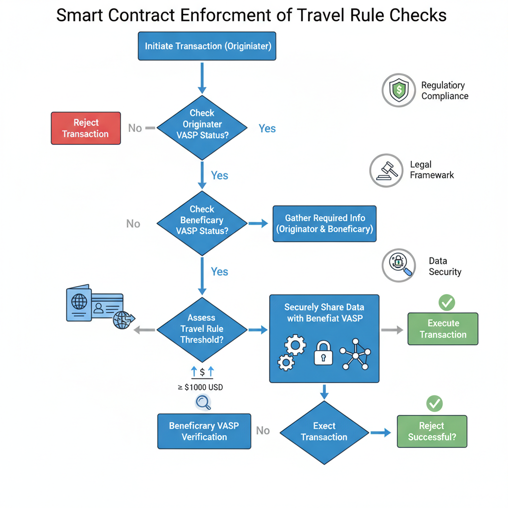 smart contract flowchart enforcing travel rule checks, regulatory icons