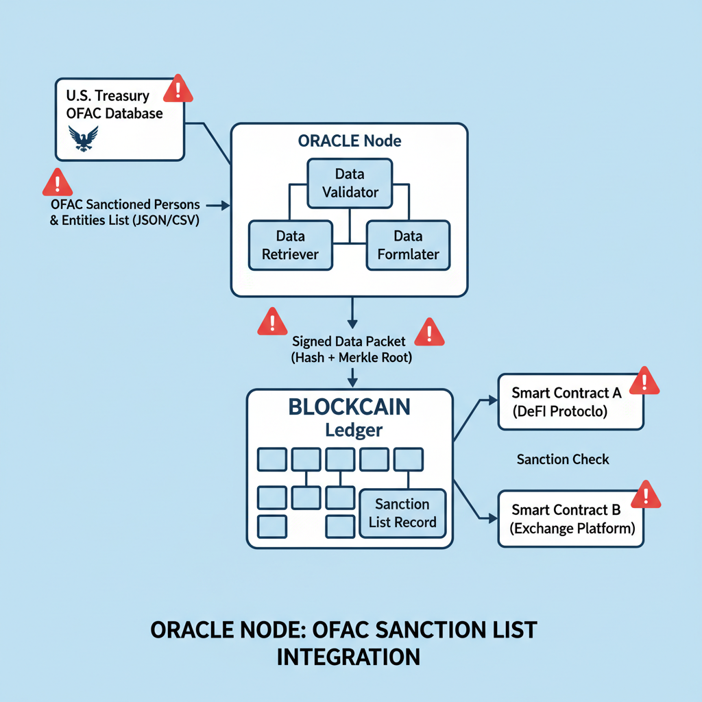 oracle node pulling OFAC sanction lists into blockchain, data flow diagram, red alert icons
