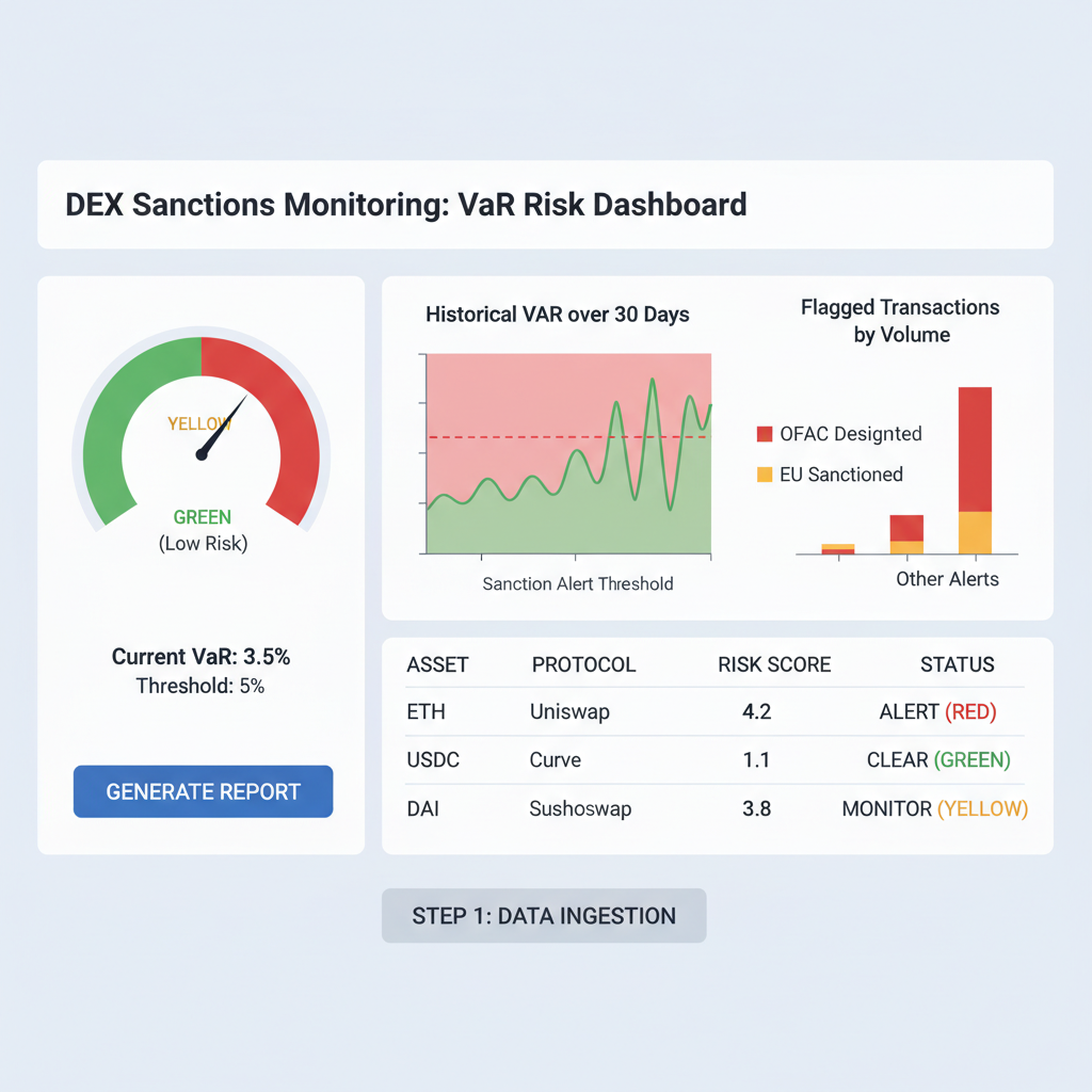VaR risk dashboard for DEX sanctions monitoring, graphs charts red green zones, professional UI