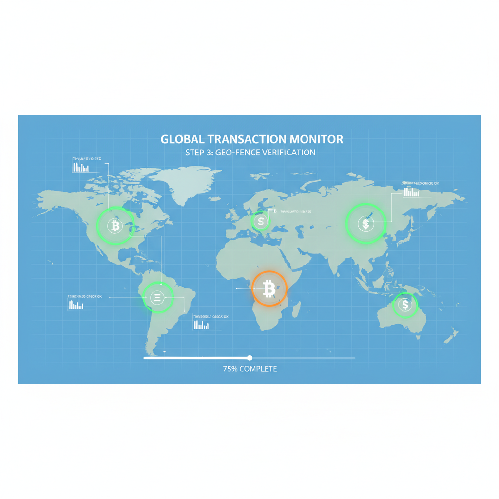 world map with geofence overlay checking crypto transaction thresholds